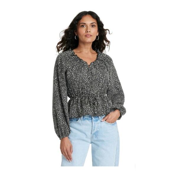 Universal Thread Womens Balloon Long Sleeve Blouse Black Abstract Sz L New Boho - Picture 1 of 15